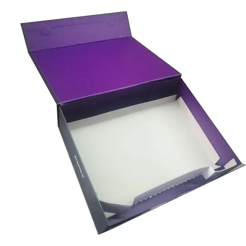 Angled view of an open purple box with a white insert.