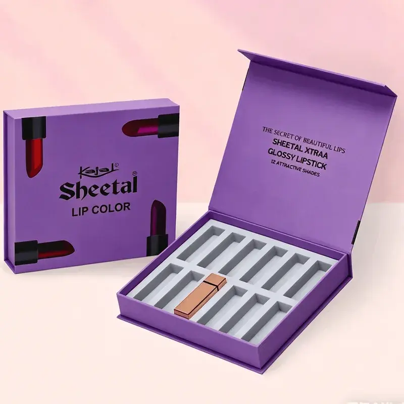 Closed and open purple lipstick boxes with fitted compartments.