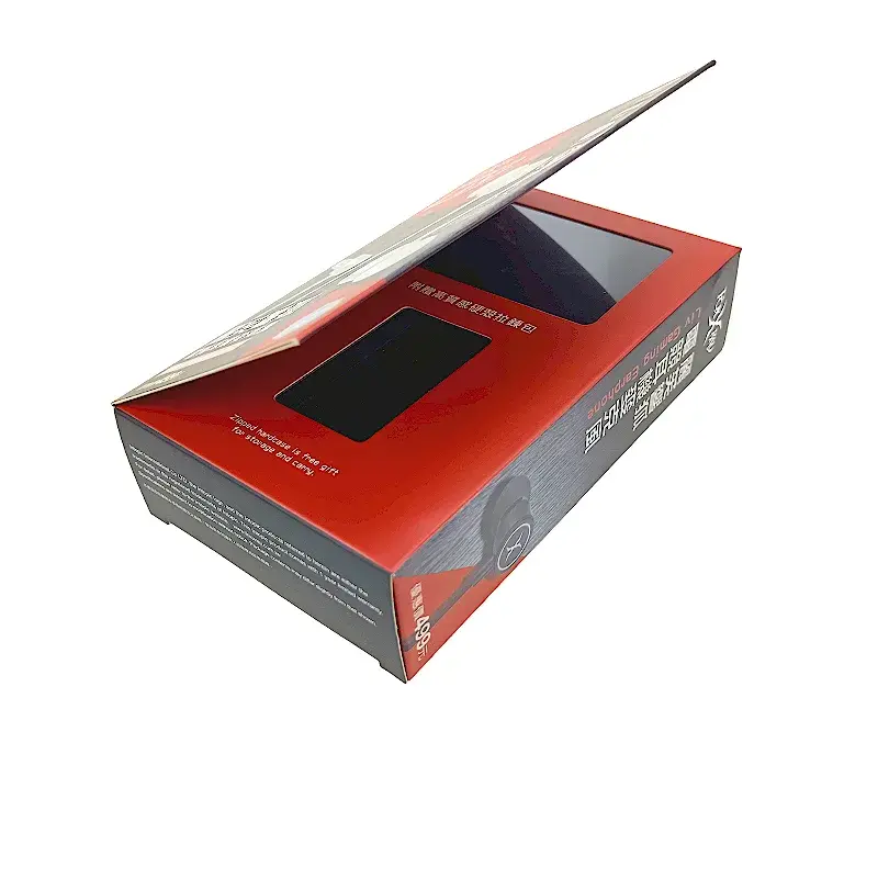 Red and black carton with its front flap lifted above two windows.