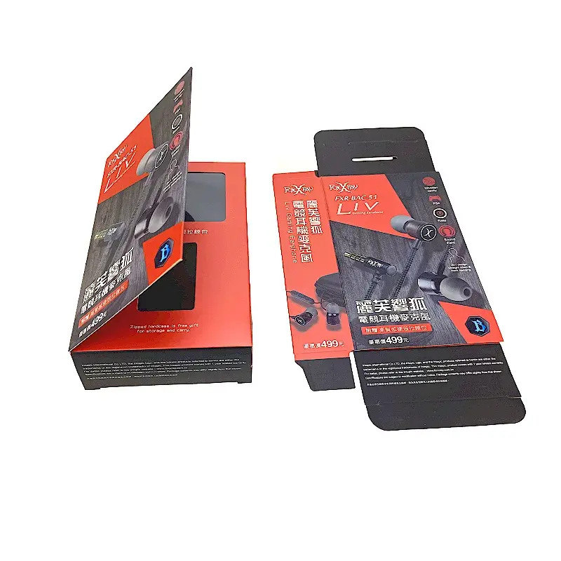 Open red and black window carton beside a flat hanging panel.