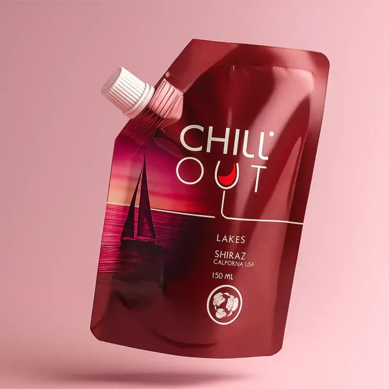 Red pouch with a white corner spout and chili oil lettering.