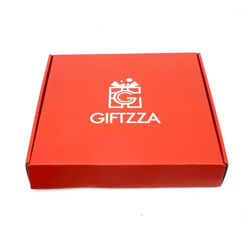 Top view of a red food box with a white printed emblem.