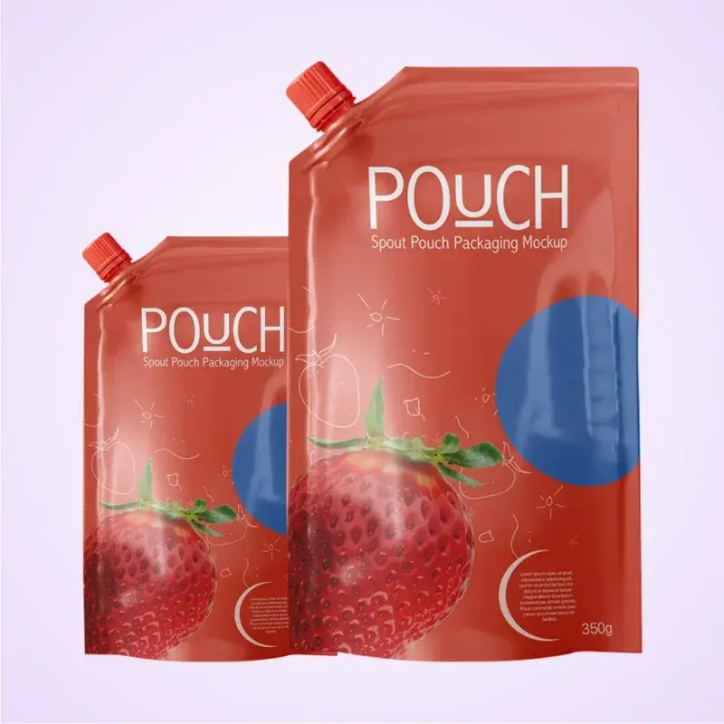 Two red spout pouches with fruit graphics in different sizes.
