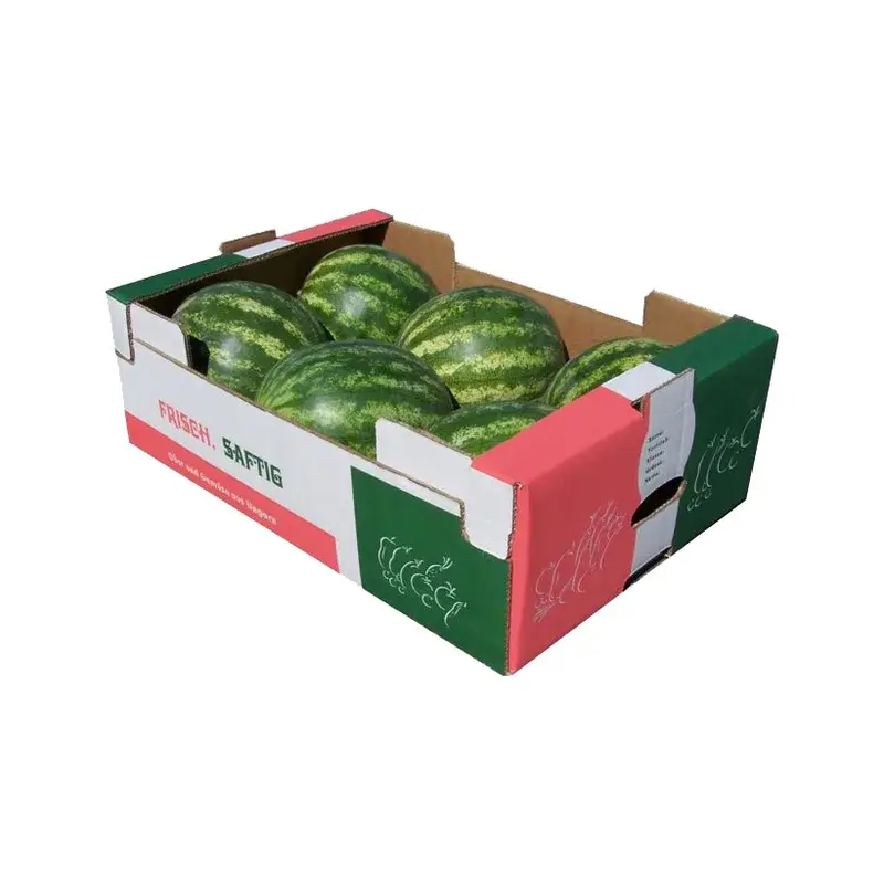 Red and green printed tray filled with small watermelons.