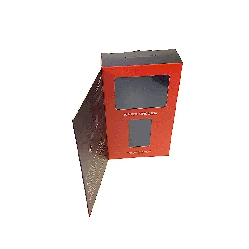 Upright red carton with two windows and an open side flap.