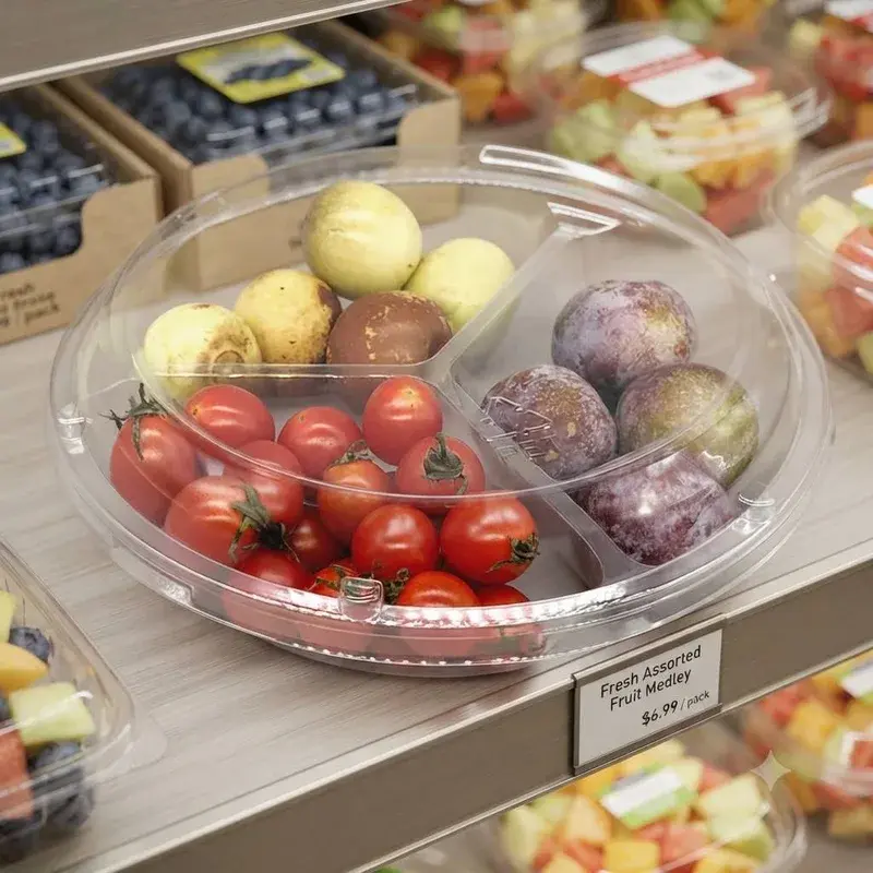 Round clear lidded container holding assorted small produce.