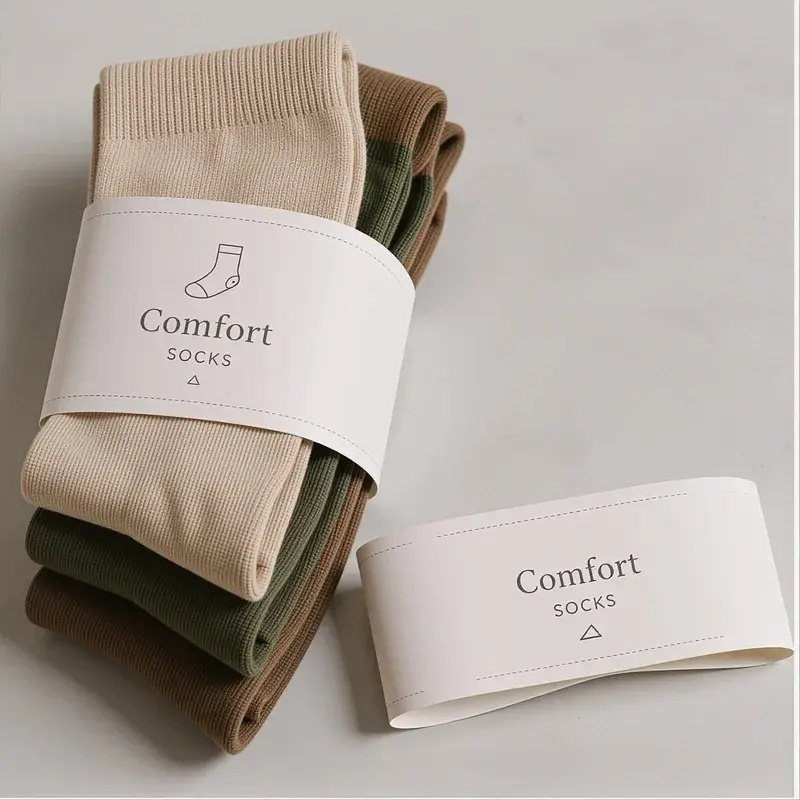 Stack of neutral-colored socks wrapped in a cream paper sleeve.