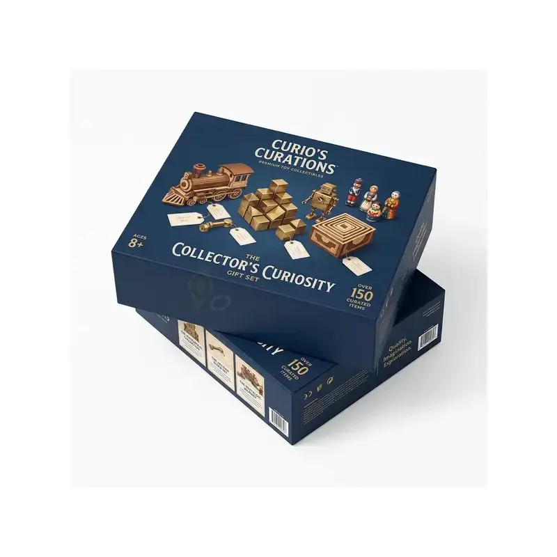 Stacked blue game boxes with illustrated objects on the lids.