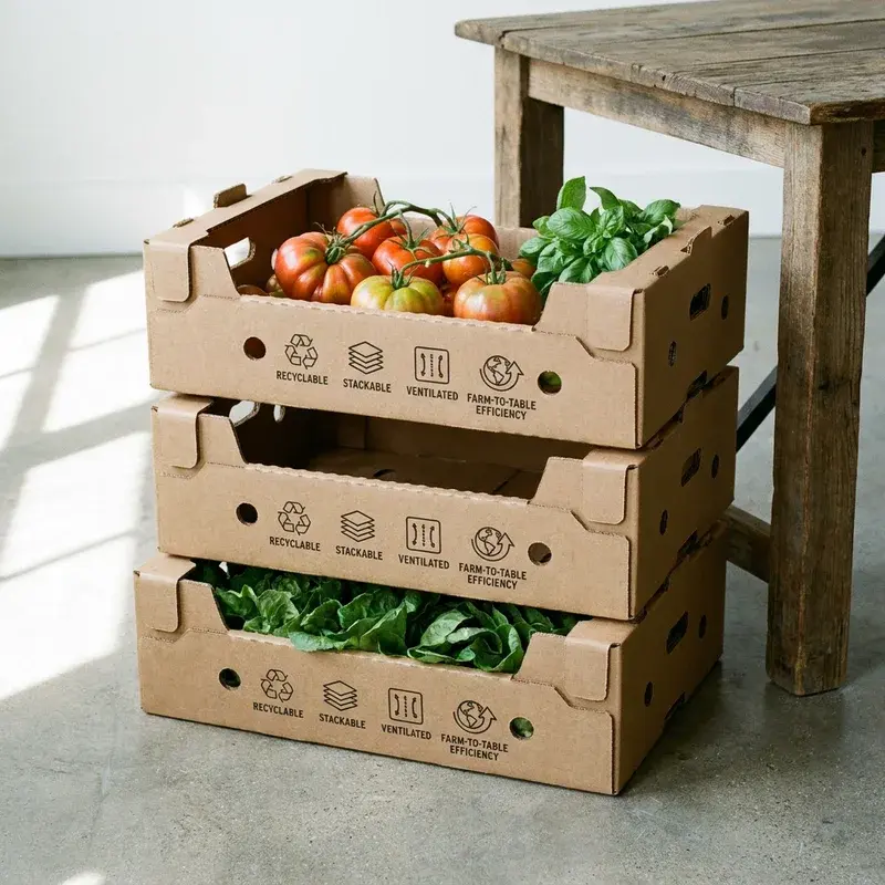 Stacked brown produce trays filled with vegetables.
