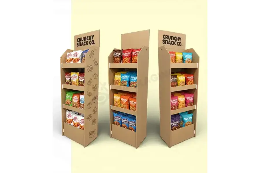 Brown cardboard shelf displays stocked with packaged products.