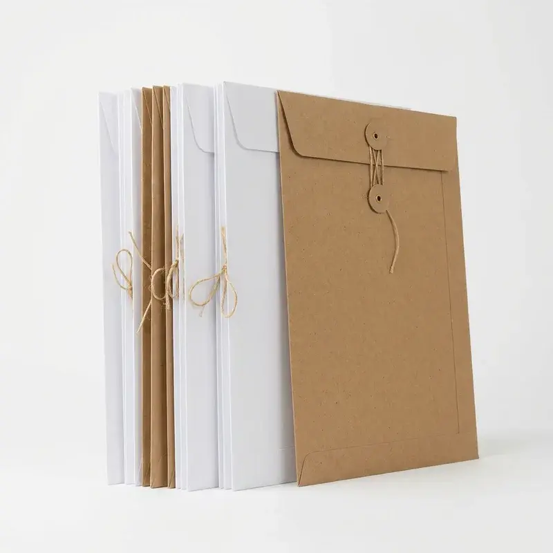Upright kraft and white envelopes with string-and-button closures.