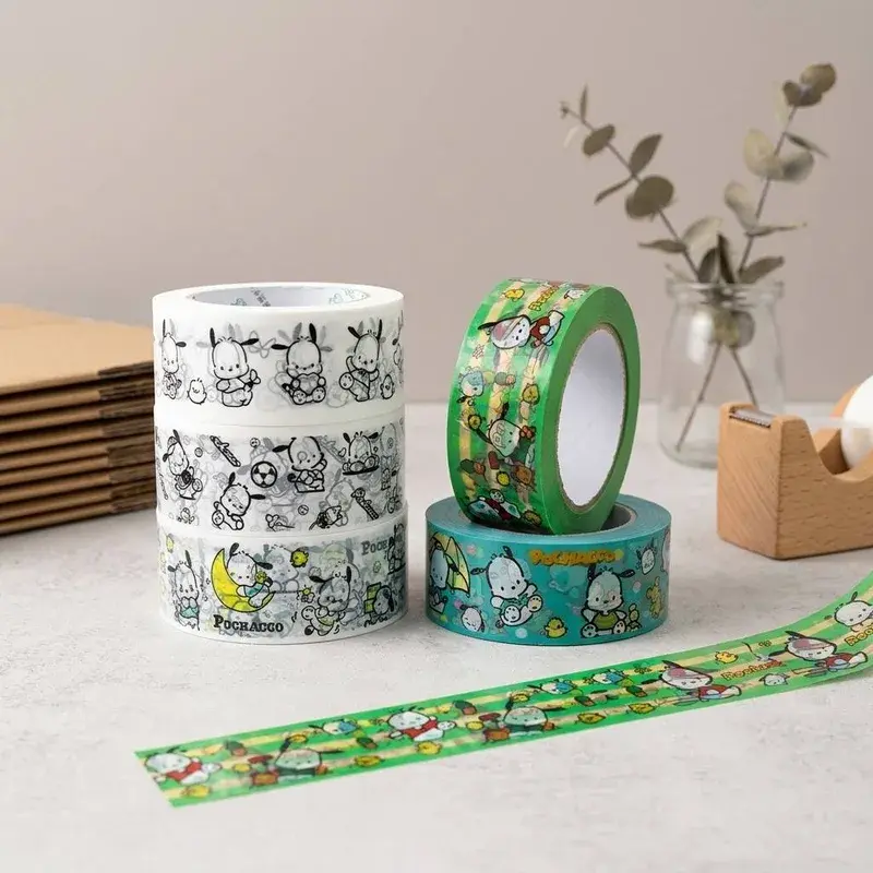 Illustrated tape rolls beside a loose green printed strip.