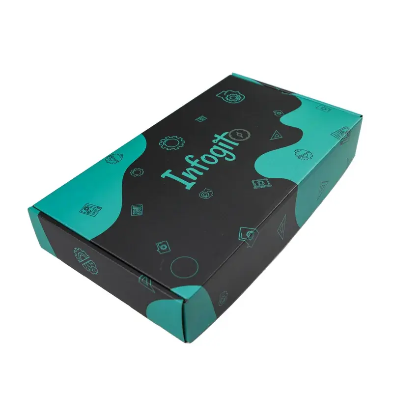 Teal and black printed mailer box viewed from an angle.