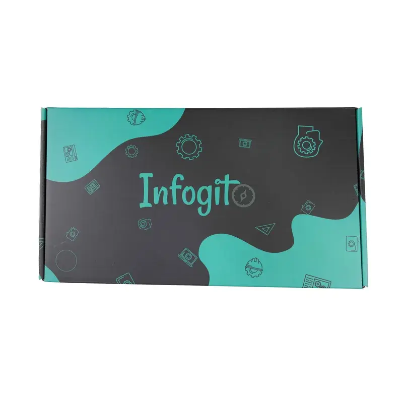 Teal and black printed mailer box viewed from above.