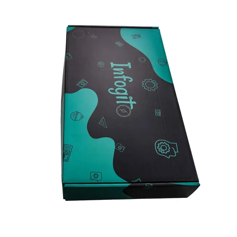 Lengthwise view of a teal and black printed mailer box.
