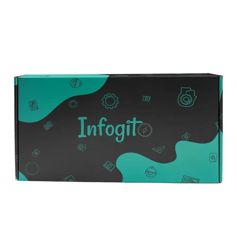 Top view of a teal and black printed mailer box.