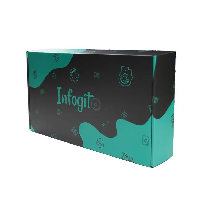 Teal and black printed mailer box standing on its long edge.