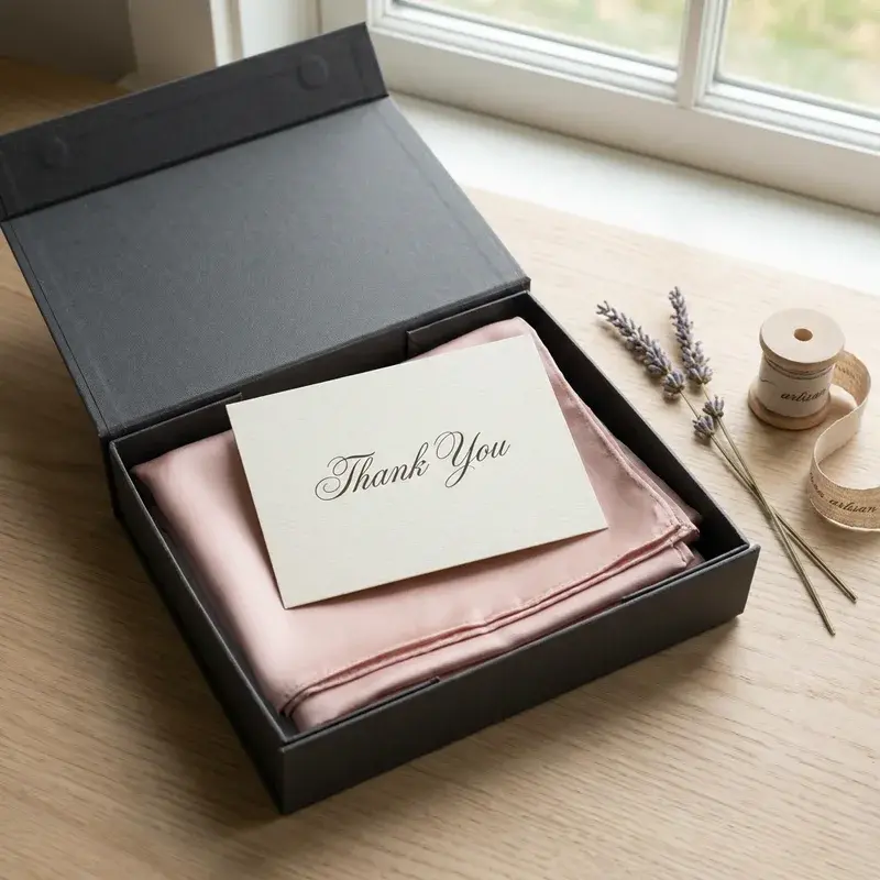 White thank-you card on folded pink fabric inside a black gift box.