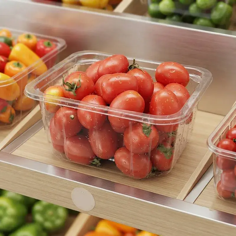 Tomatoes in a clear rectangular tub on a produce shelf.