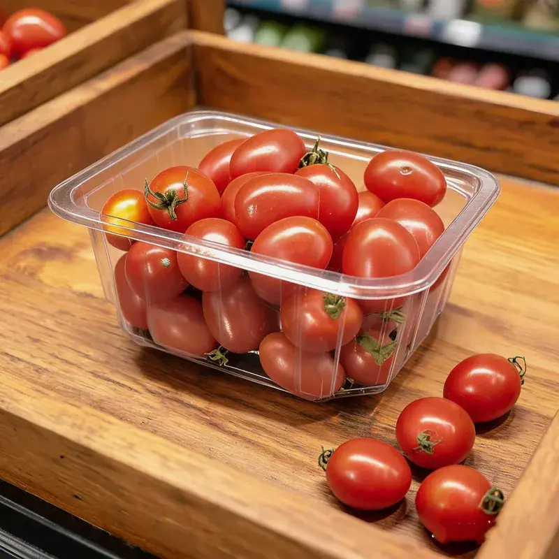 Clear container of tomatoes on a wooden kitchen surface.