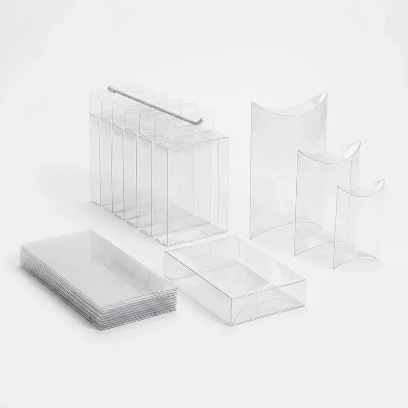Transparent rectangular folding boxes shown flat and assembled.