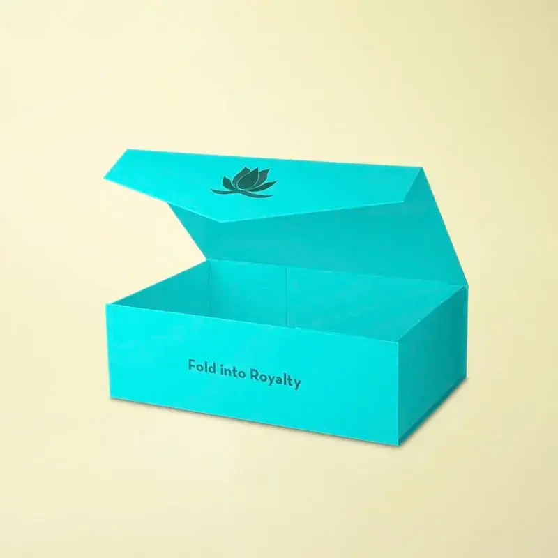 Open turquoise box with dark lettering on its lid and front.