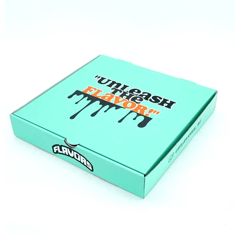 Closed turquoise pizza box with black and orange lettering.