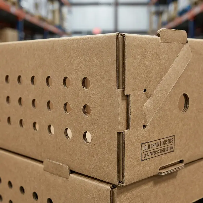 Close view of a kraft carton corner with rows of ventilation holes.
