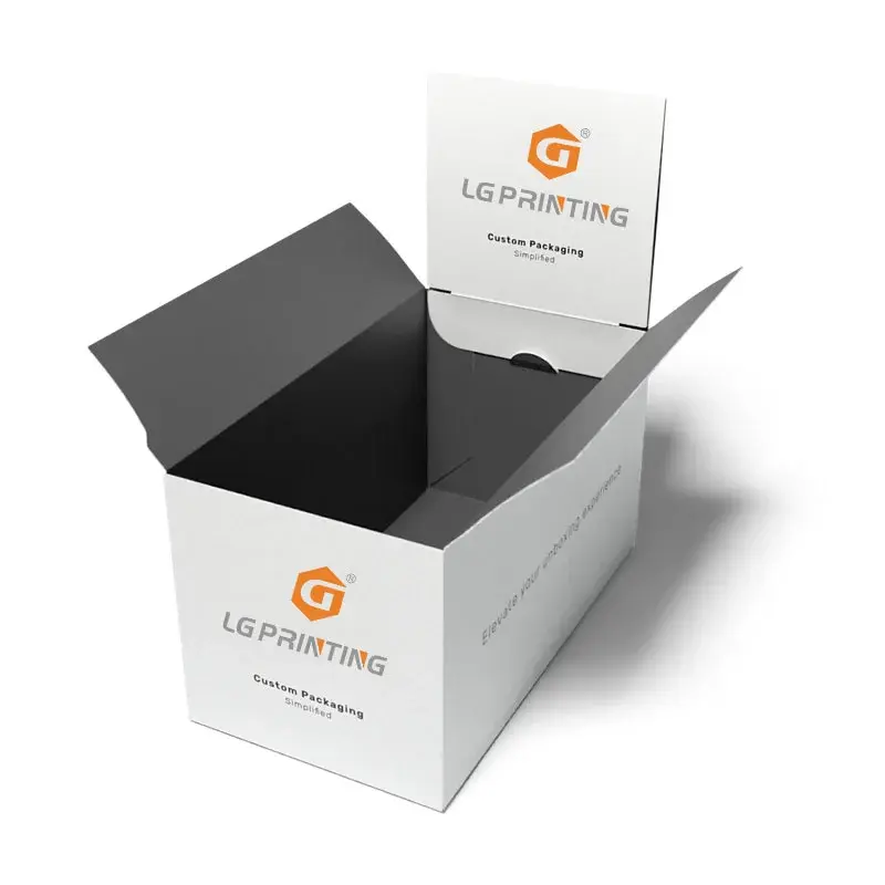 White display carton with black open flaps and a printed header.