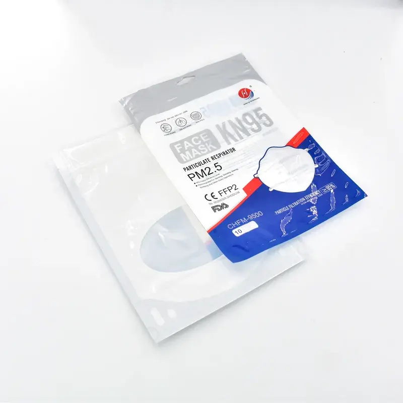 White flat pouch with blue panels and red printed details.
