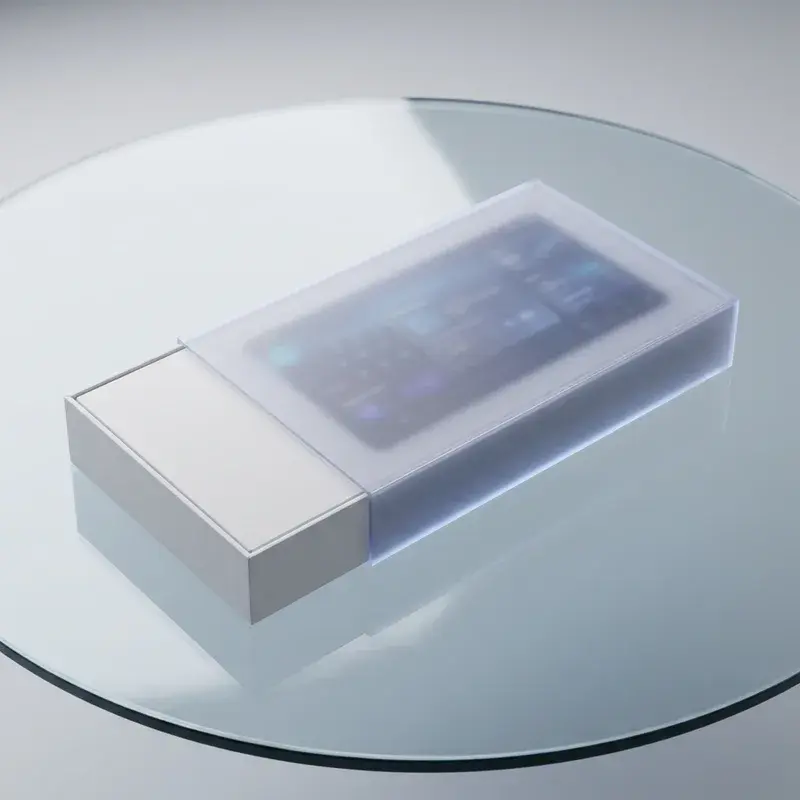 White rectangular box inside a translucent sleeve on a glass table.