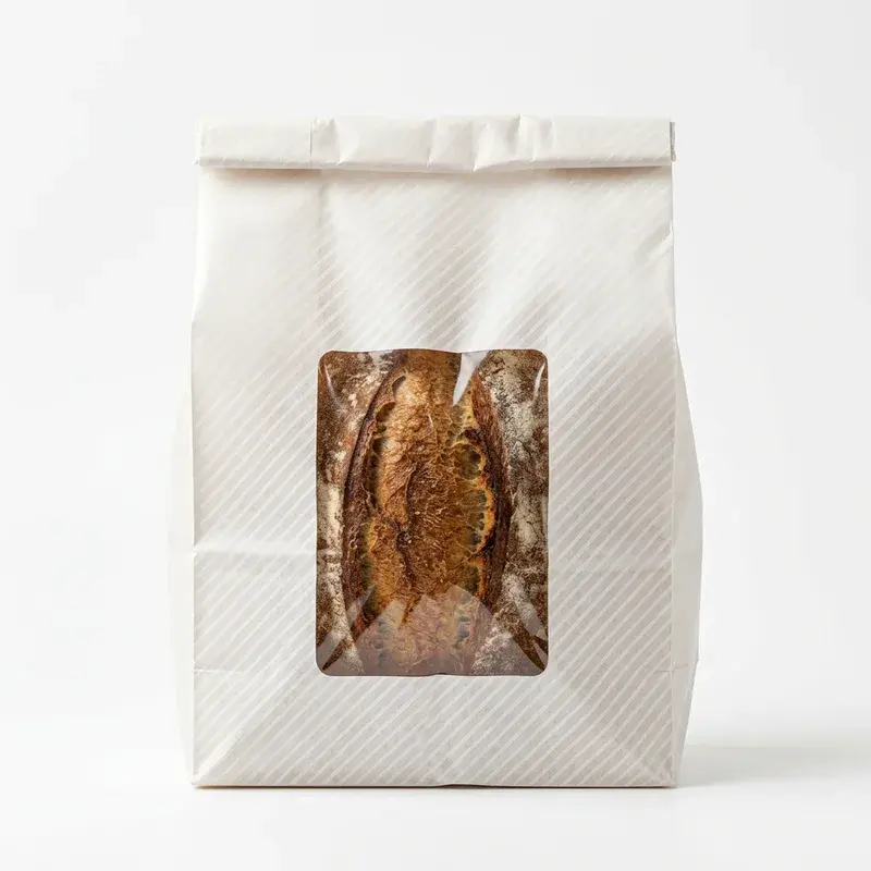 White paper bag with a rectangular window showing bread inside.