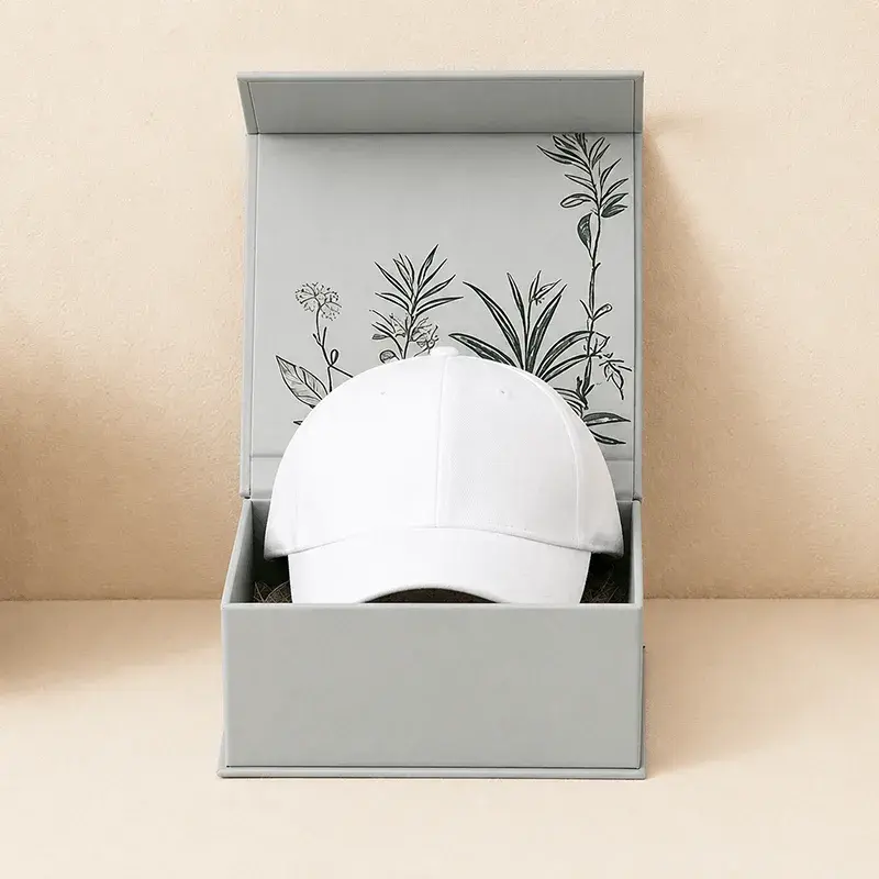 White cap inside a green box with botanical printing in the lid.