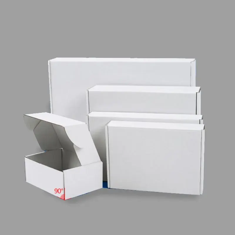 Plain white cartons in assorted sizes, including an open small box.