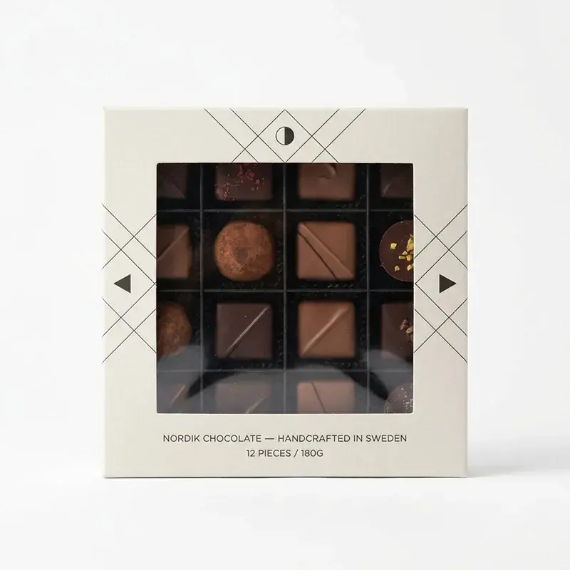 White chocolate box with a square window and dark grid insert.