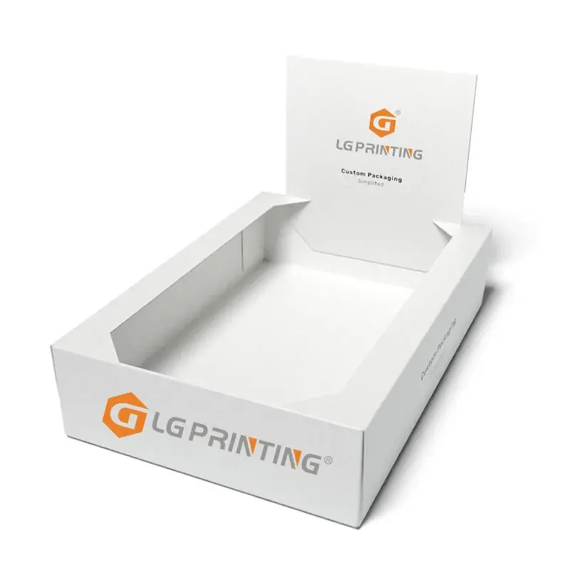 White shallow display tray with an upright printed back panel.