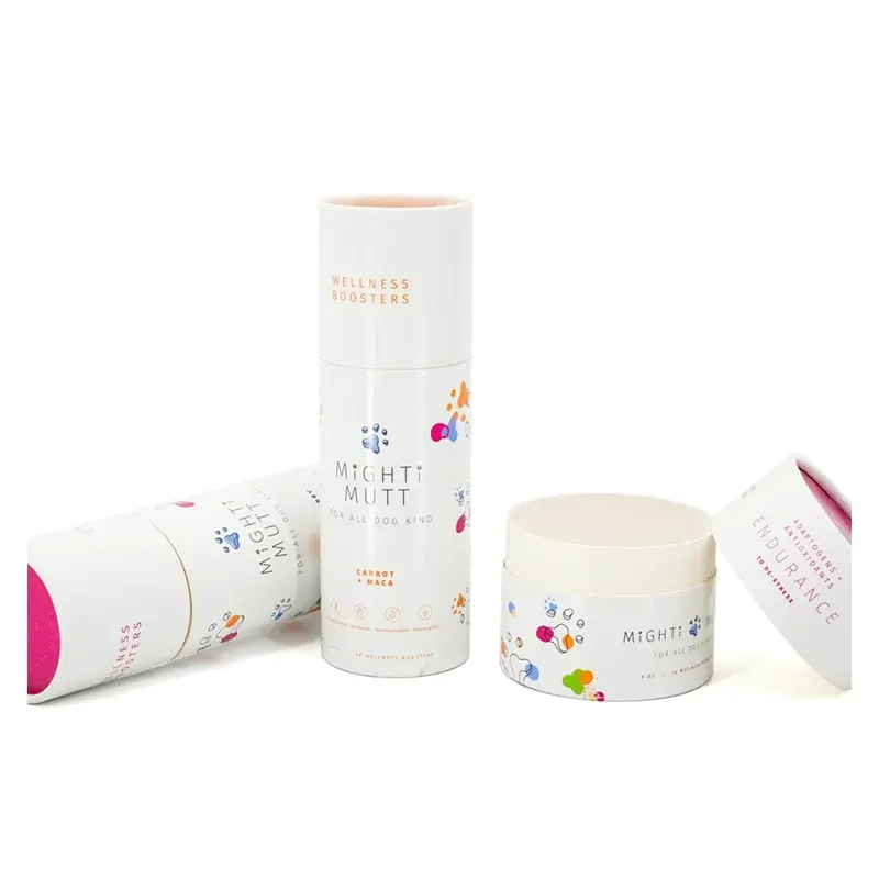 White paper tubes with small colorful floral graphics.
