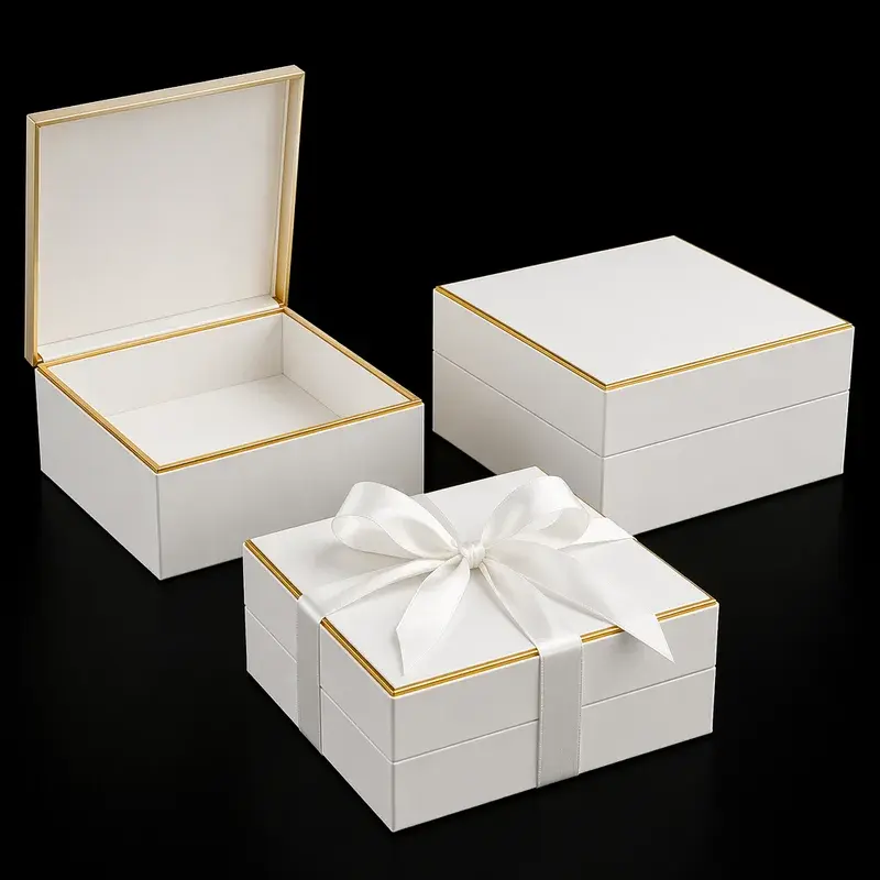 White gift boxes with gold-colored edges and a white ribbon bow.