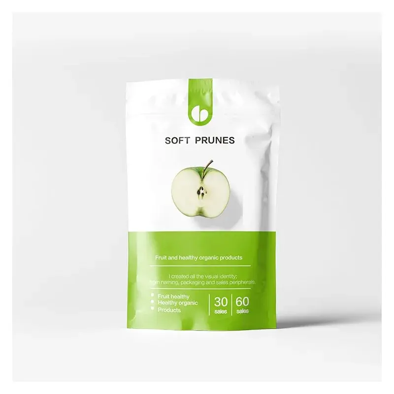 White and green food pouch with a fruit illustration.
