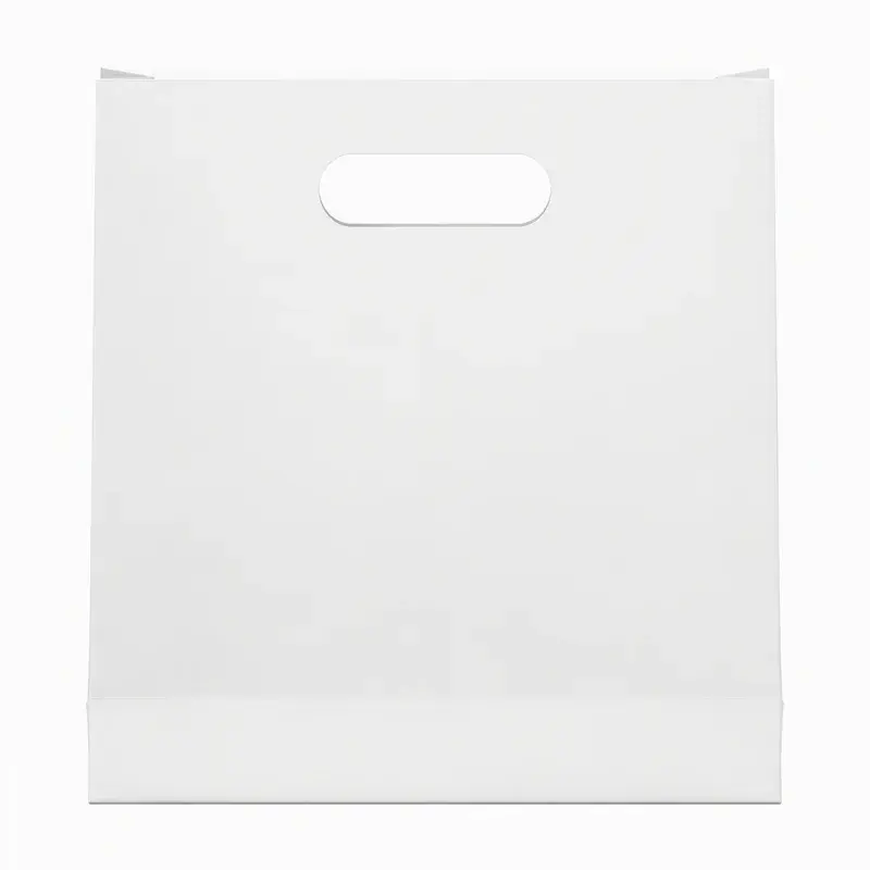 Front view of a white paper bag with an oval cutout handle.
