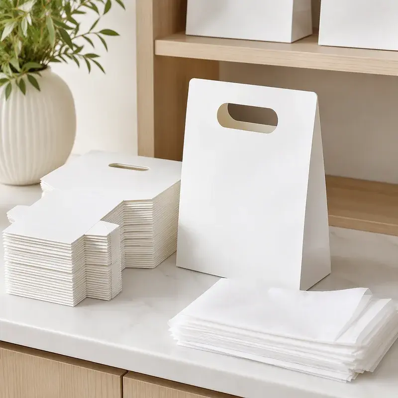 White paper bags with cutout handles beside stacked flat bags.