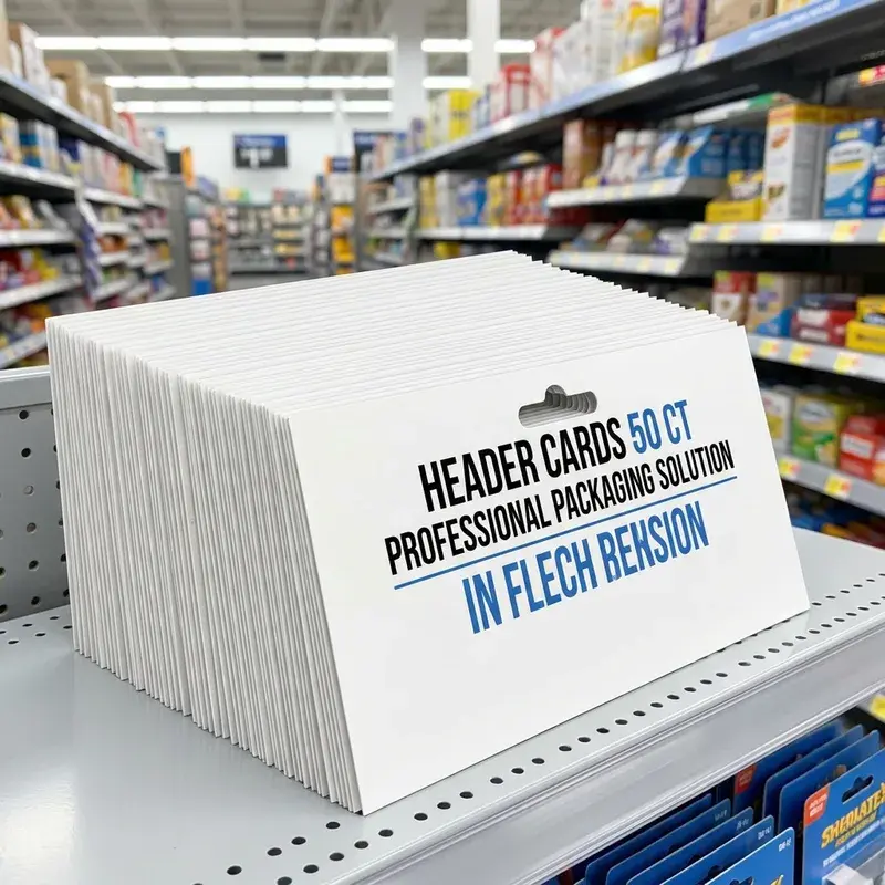 Stack of white printed header cards on a store shelf.