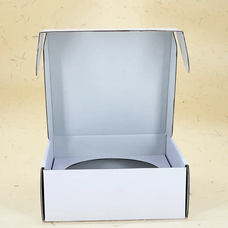 Open white box viewed from the front with its lid upright.