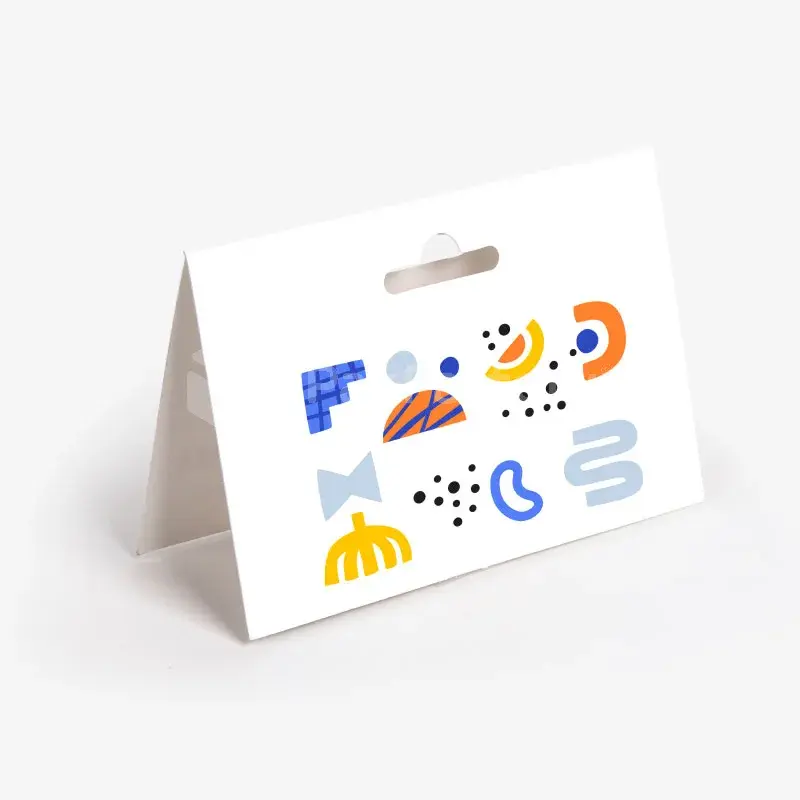 White folded header card with a hanging slot and colorful graphics.