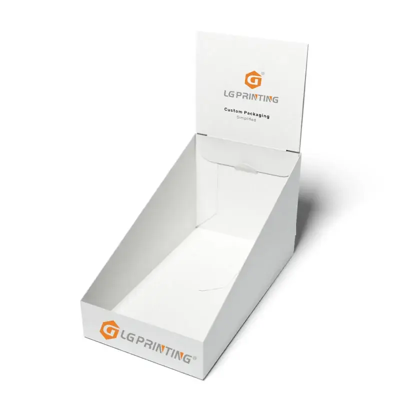Narrow white countertop tray with a tall printed back panel.