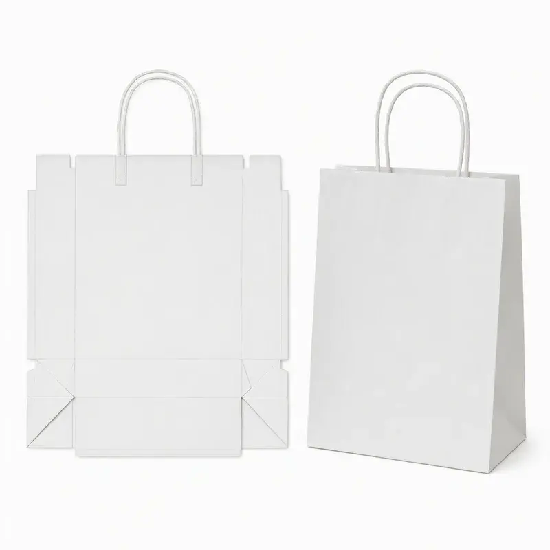 White paper bags showing a folded base and side gusset.