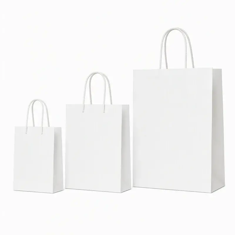Three white paper bags with twisted handles in different sizes.