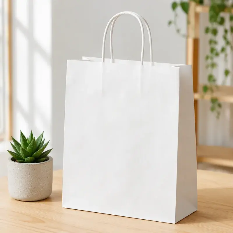 White paper bag with twisted handles beside a window and plant.