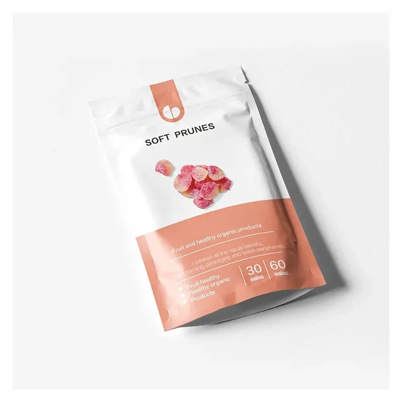 White and peach flat pouch with printed fruit graphics.