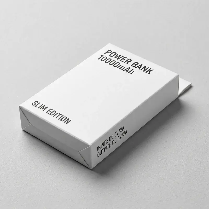 Closed white power bank box with black printed lettering.